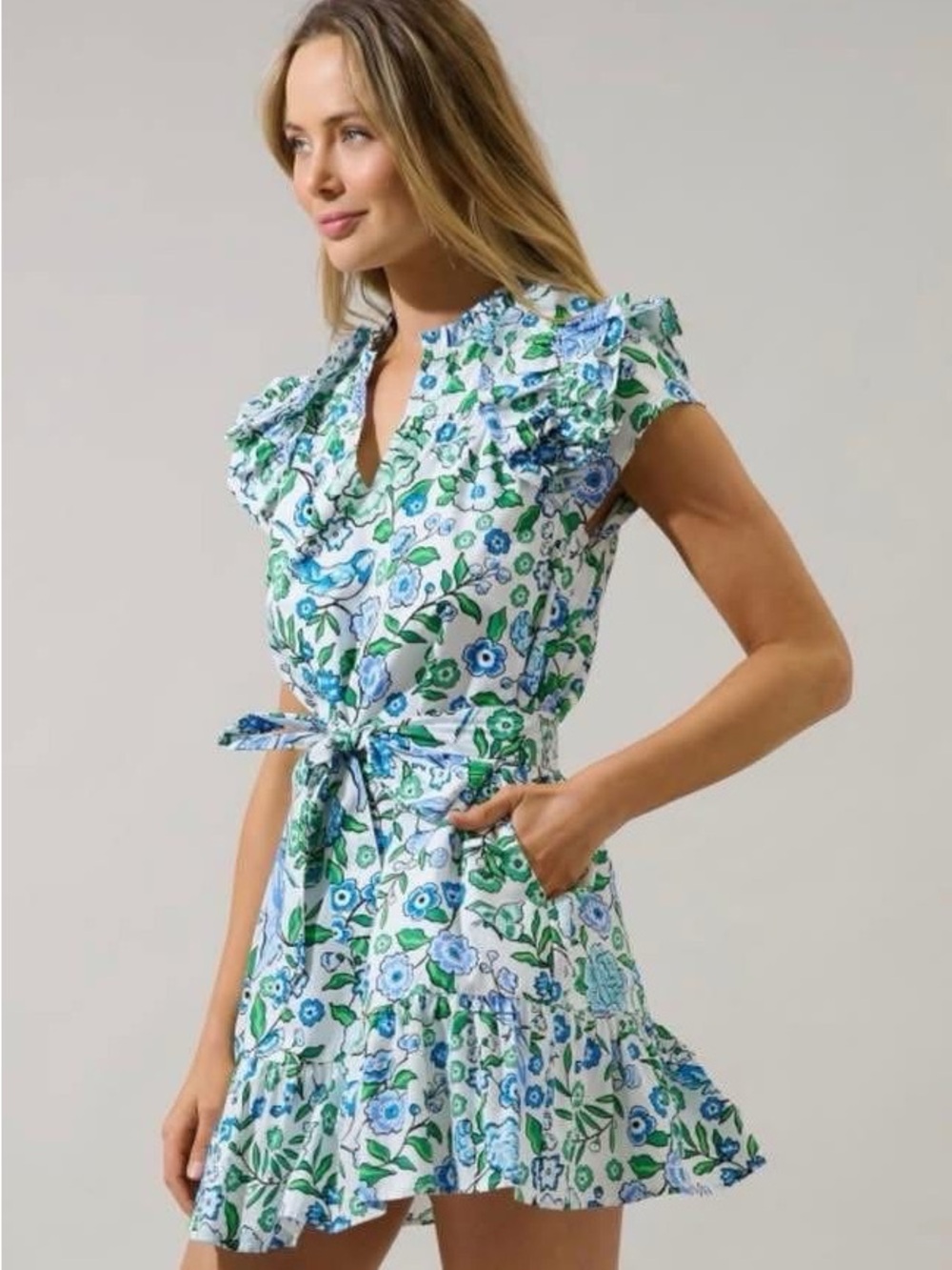 Sugarlips Blue & Green Floral Ruffle Tie-Waist Mini Dress